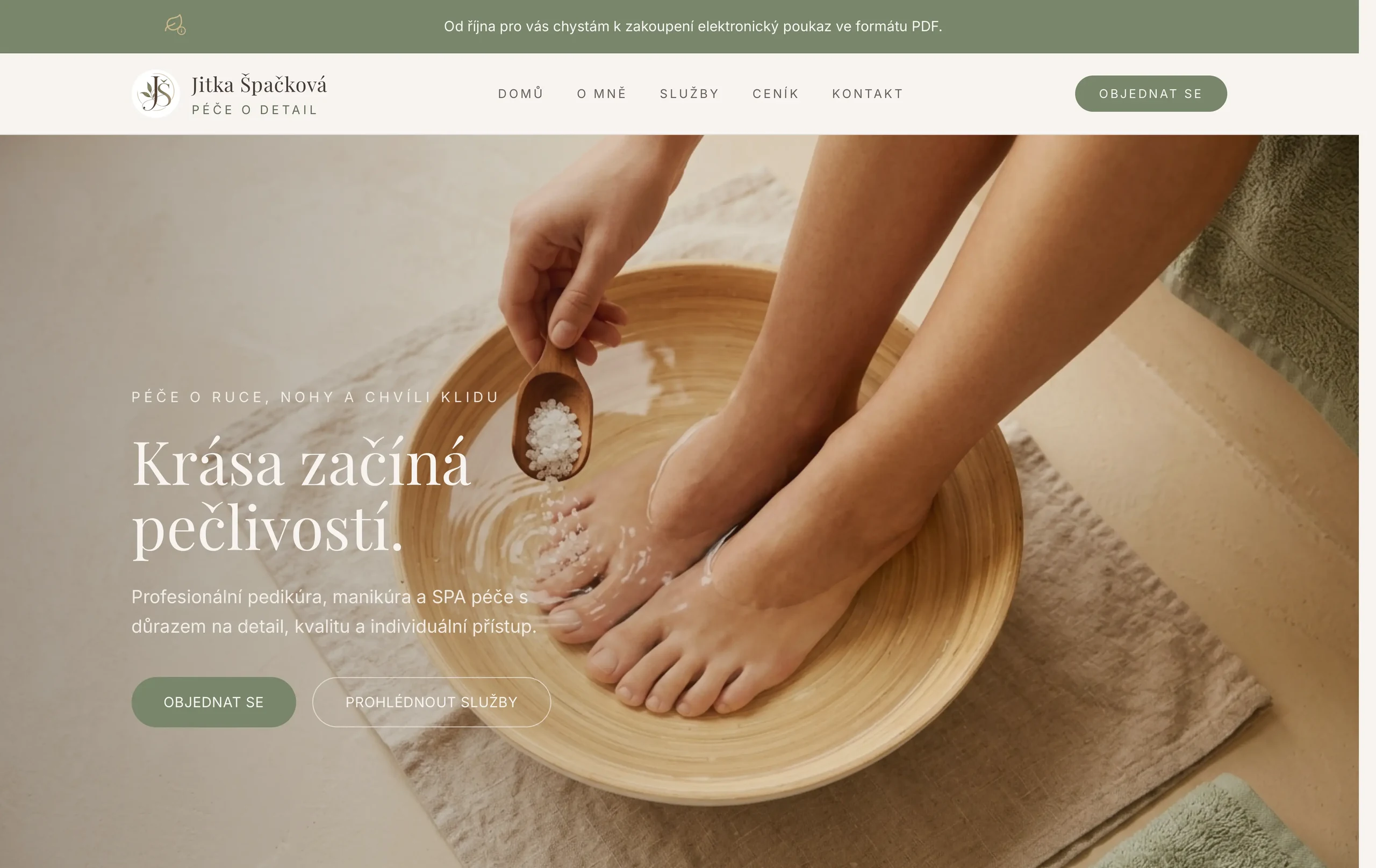 Homepage Jitky Špačkové s fotografií péče, navigací a tlačítkem Objednat se