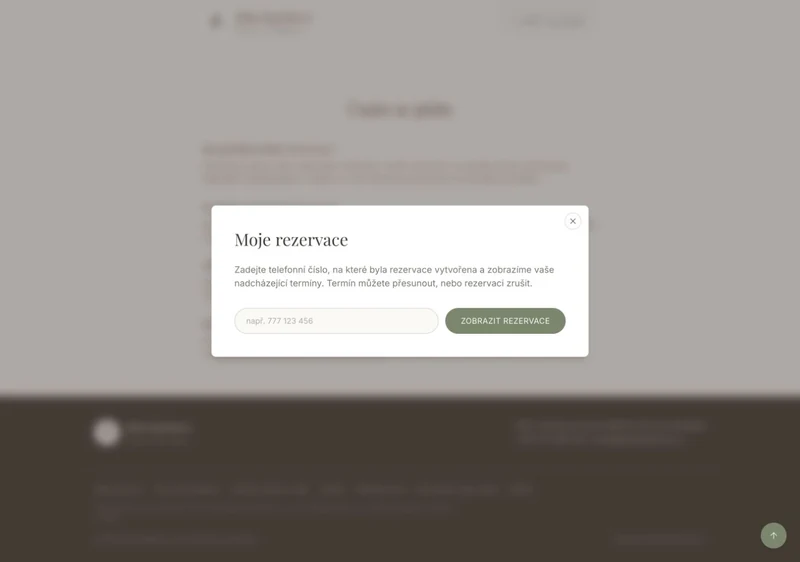Prázdný dialog Moje rezervace pro zadání telefonního čísla, bez klientských dat